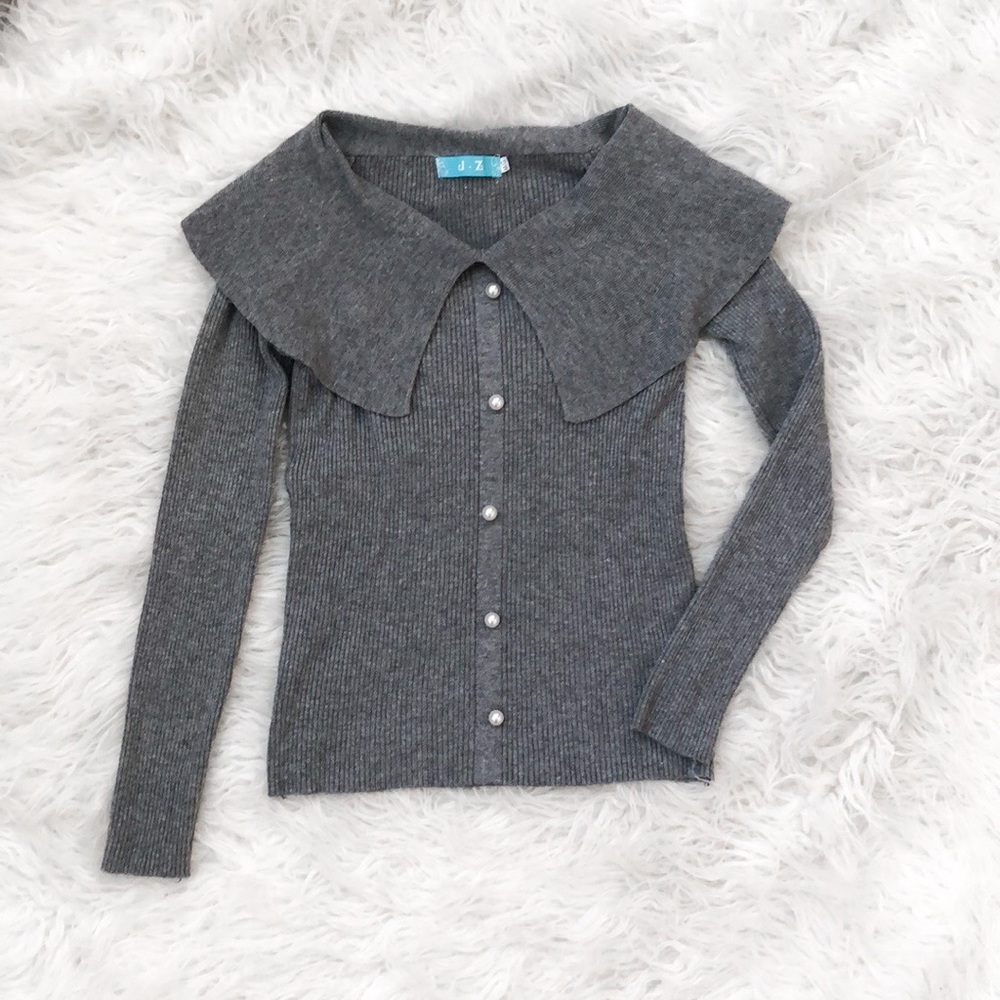 Top Sholder With Collar Long Sleeve Ribbed